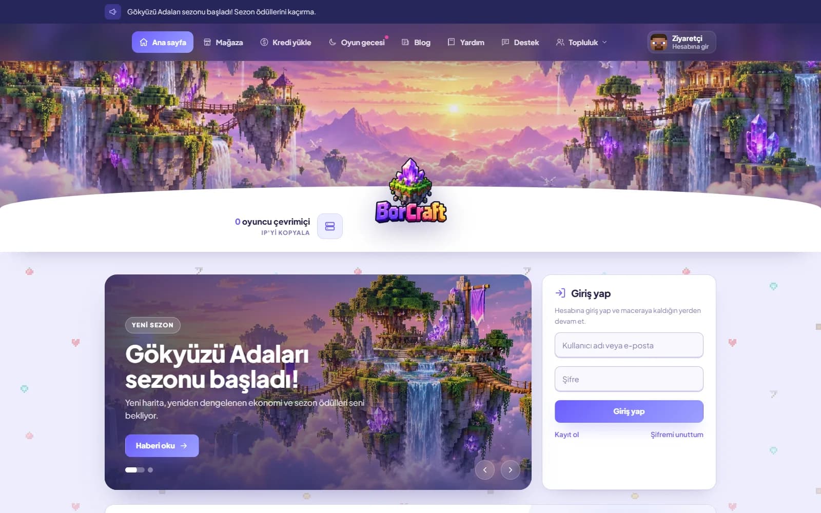 Bor teması: oyuncu sitesinin ana sayfası